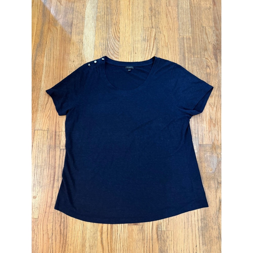 Talbots Shirt Womens XL Blue Linen Blend Button Shoulder Short Sleeve Office